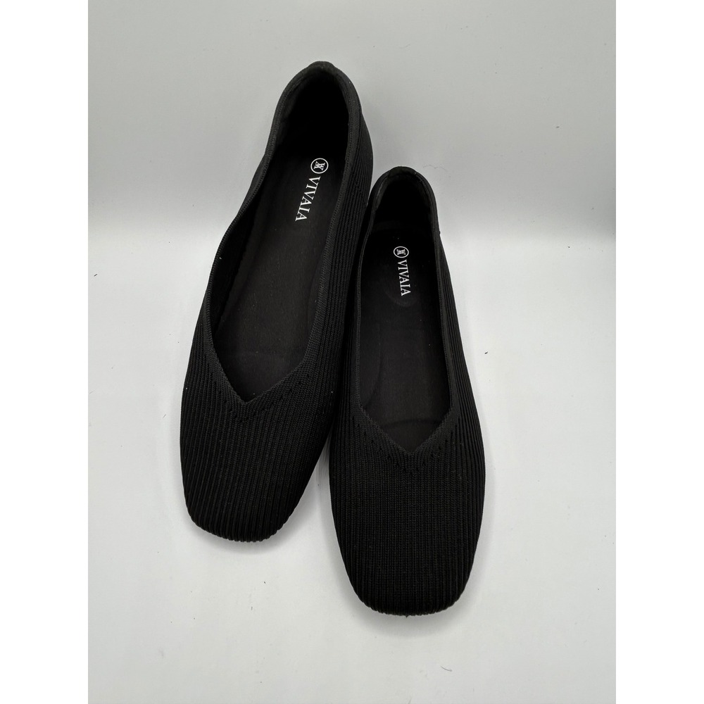 VIVAIA Margot Black Ribbed Knit Square Toe V-Cut Ballet Flats Women EU‎ 39 Shoes